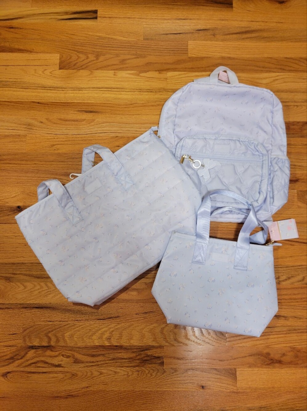 NWT LoveShackFancy x Yoobi Quilted 3-Pc Bag Set Breezy Blue Ditsy Floral Rosette